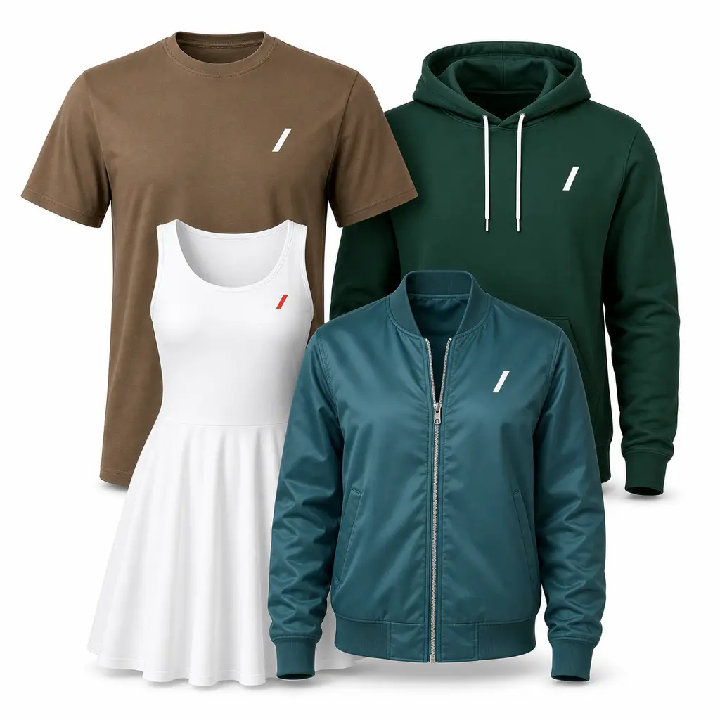 T-shirts, hoodies, and tank tops arranged for comparison for print-on-demand sellers