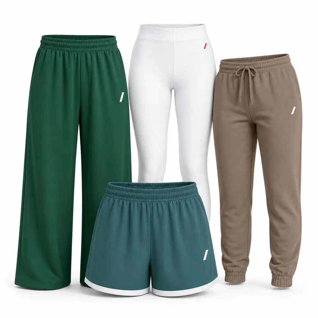 Sweatpants, joggers, leggings, and shorts arranged for comparison for print-on-demand sellers