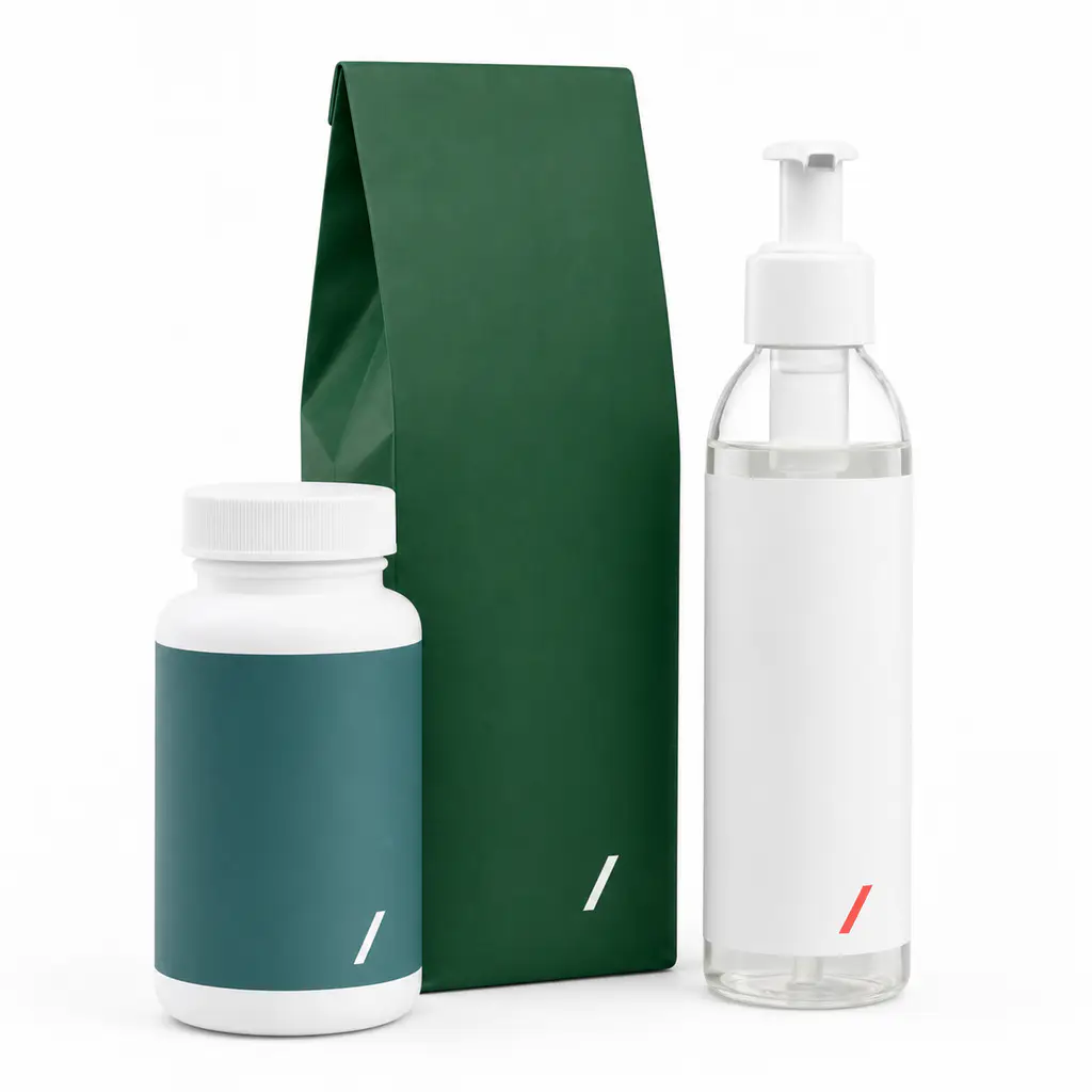 Custom-labeled coffee bags and skincare products for print-on-demand branding
