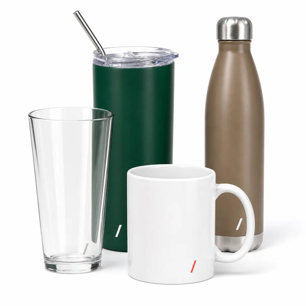 Ceramic mugs, stainless steel tumblers, and water bottles shown for print-on-demand sellers