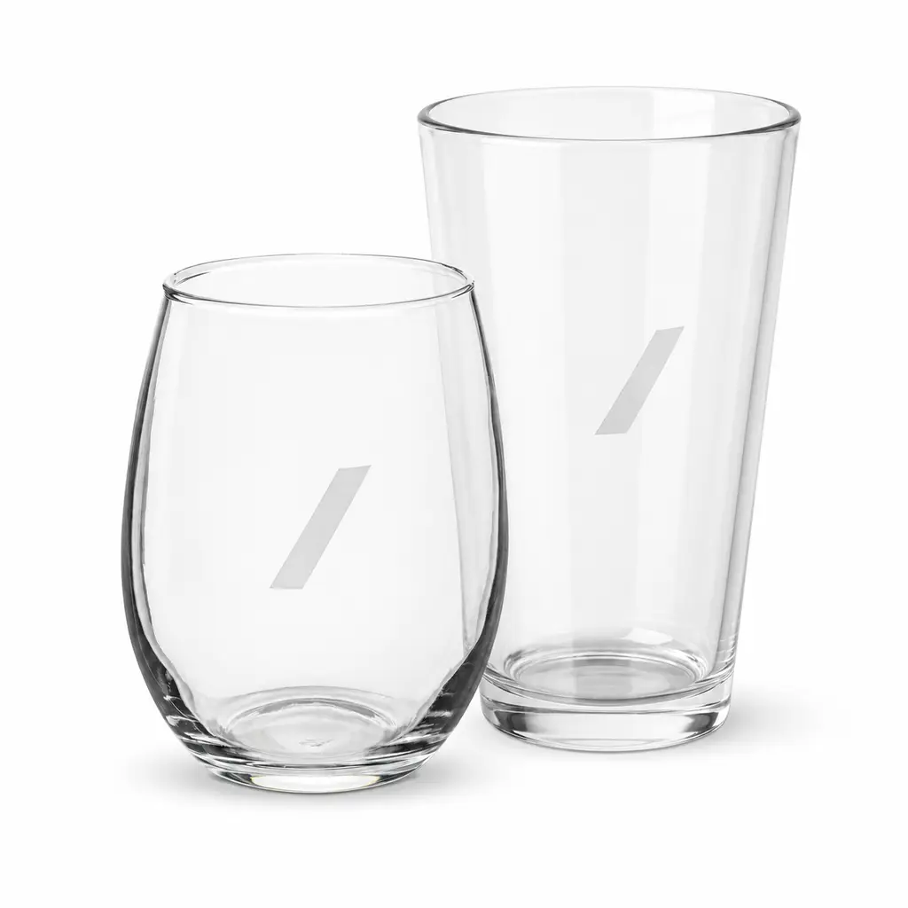 UV-printed and laser-engraved pint glasses, wine glasses, and glass mugs