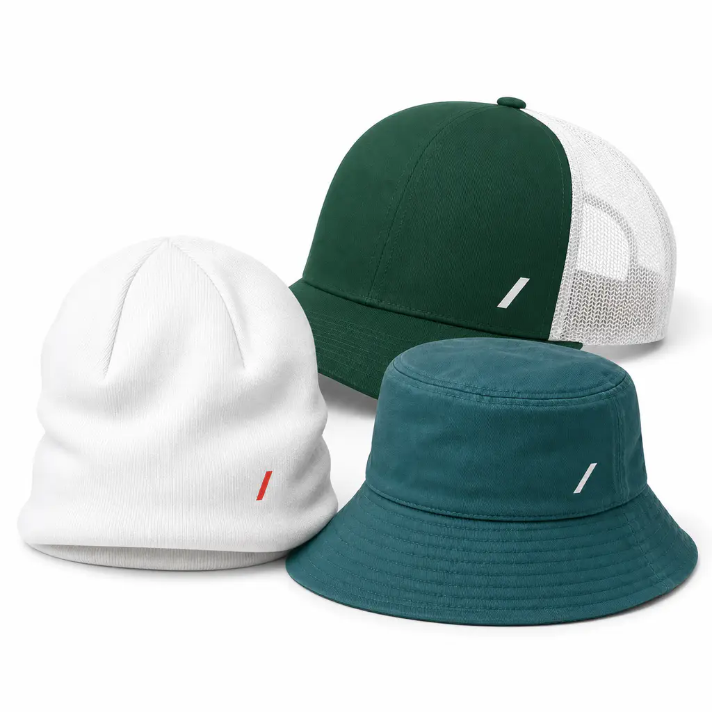 Snapback caps, dad hats, beanies, and trucker hats lined up for POD category comparison