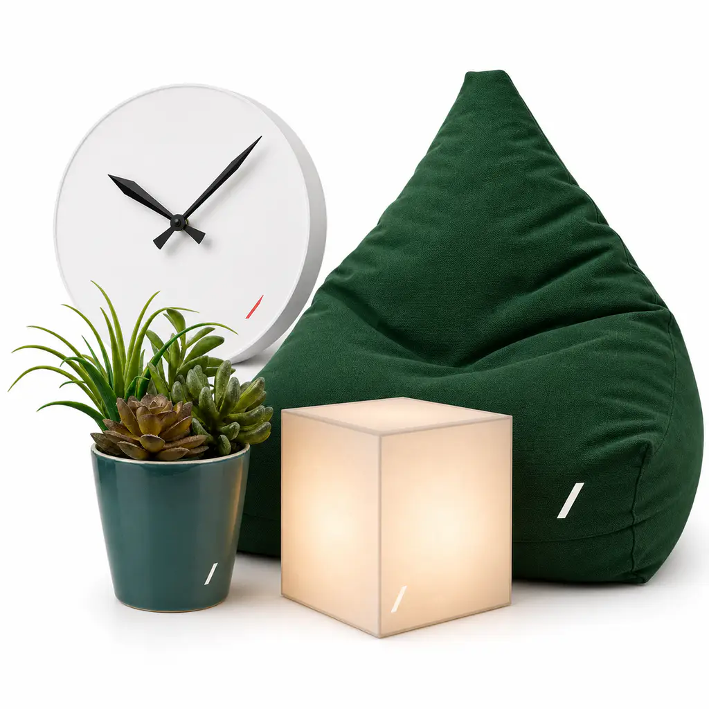Custom clocks, shelf displays, and ornamental decor shown by material type