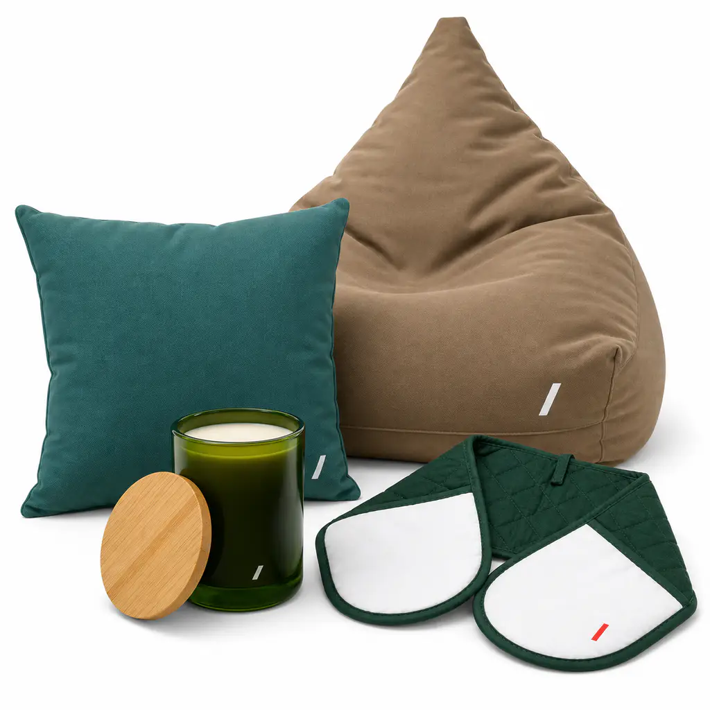 Blankets, throw pillows, candles, and towels representing the variety of POD home products