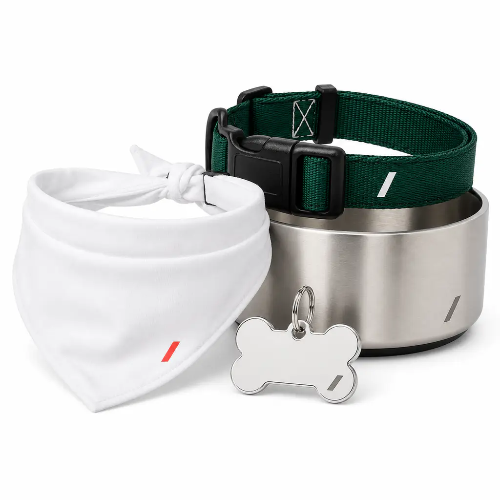 Custom pet bowls, bandanas, and beds for dogs and cats