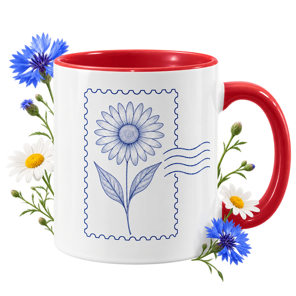 Print-on-demand accent ceramic mug 11oz — colored interior and handle on white exterior