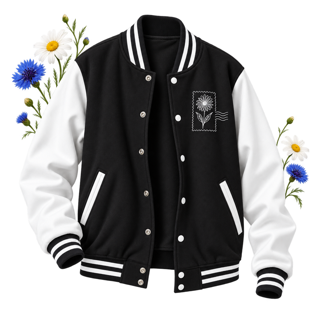 AWDIS JH043 Varsity Jacket with contrast long sleeves, knitted collar, cuffs and waistband, and press-stud closure