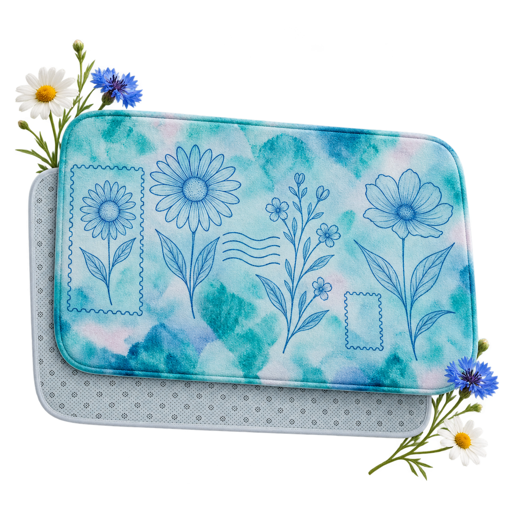 Printed bath mat with a microfiber face, memory-foam cushioning and backing