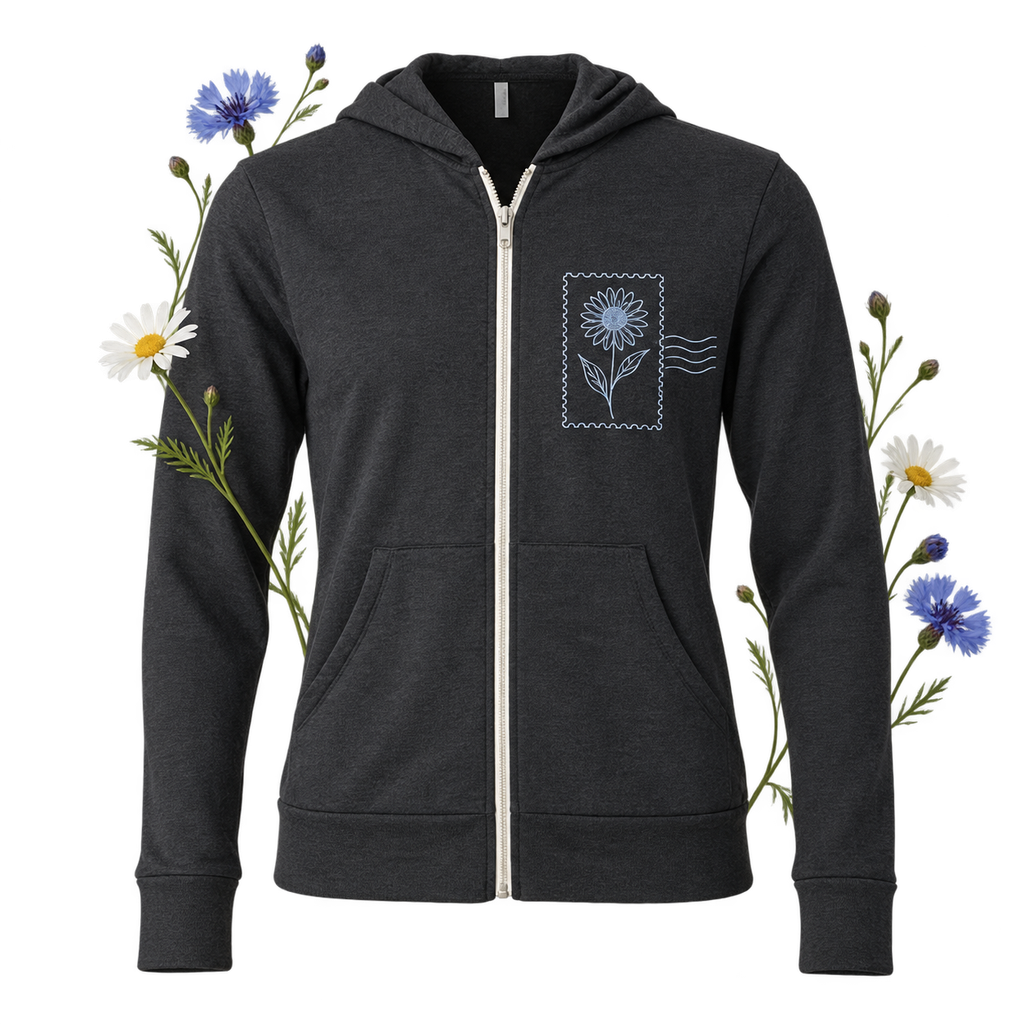 Bella+Canvas 3939 with long sleeves and a hood, showing its zip hoodie format