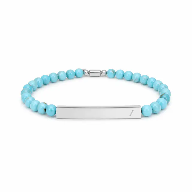 Print-on-demand natural stone stretch bracelet with stainless steel engravable bar accent
