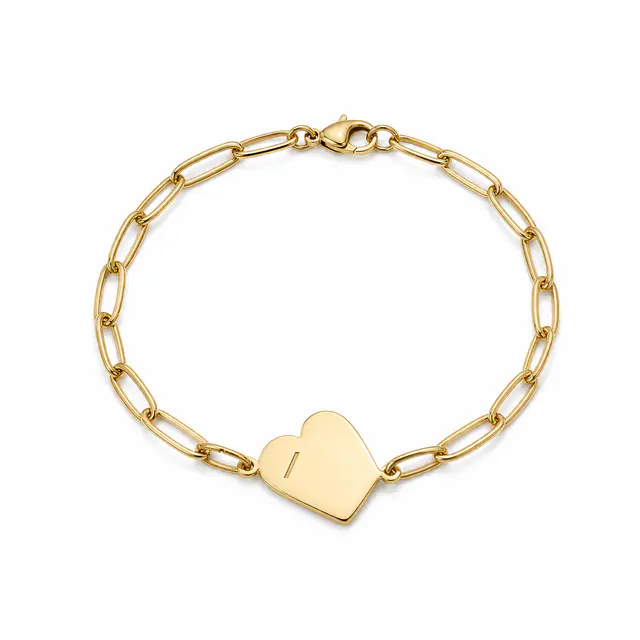 Print-on-demand paperclip heart bracelet — stainless steel elongated link chain with heart pendant