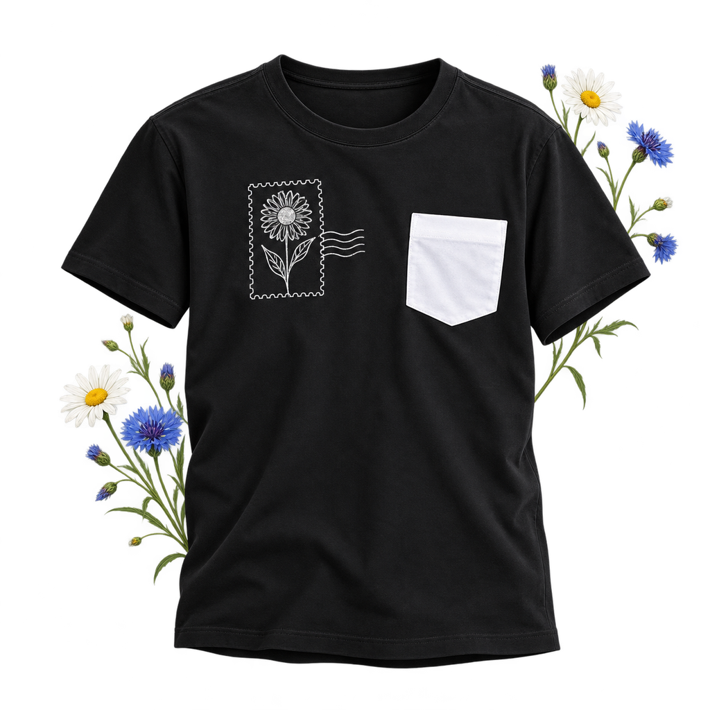 Cotton T-Shirt with Polyester Pocket — cotton body, polyester pocket and inside neck