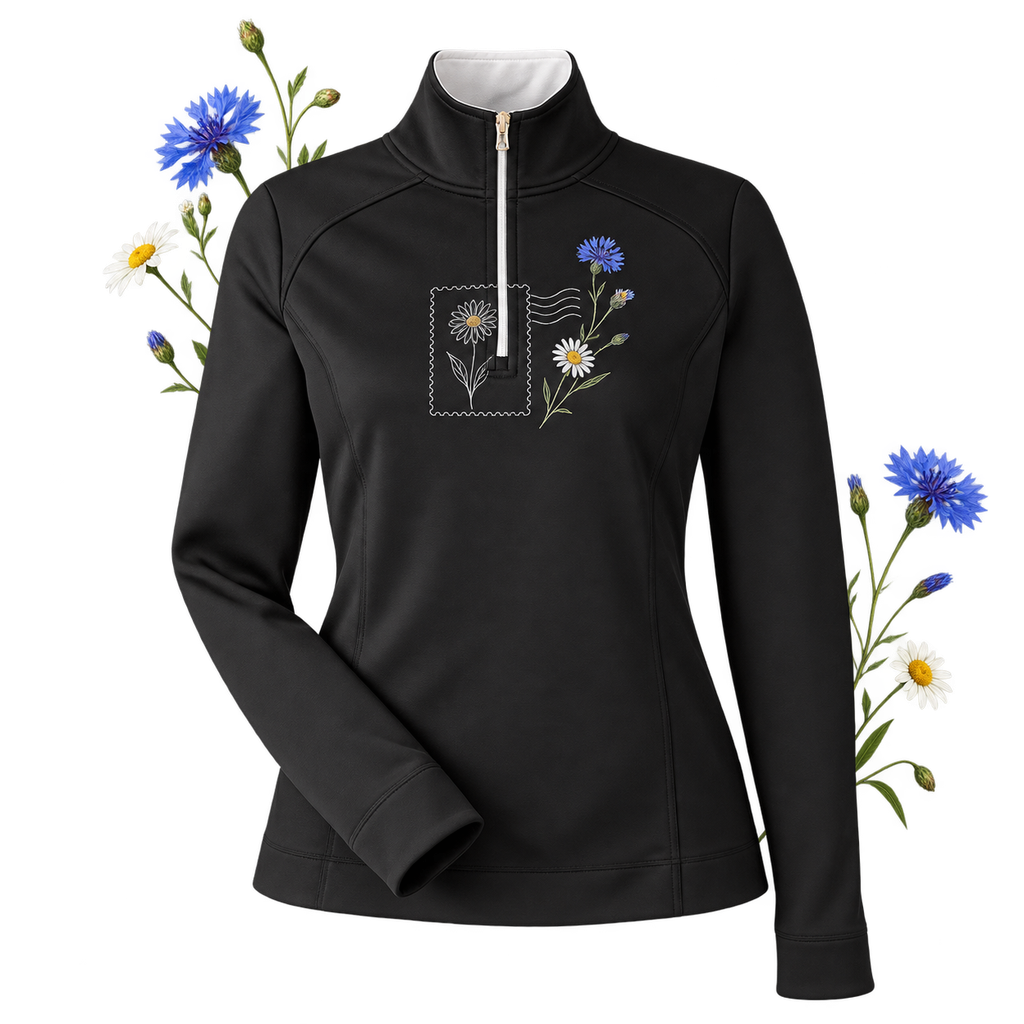 Fairway & Greene F12250 Women's Wells Tech Quarter-Zip Pullover with mock neck, long sleeves and turnback cuffs