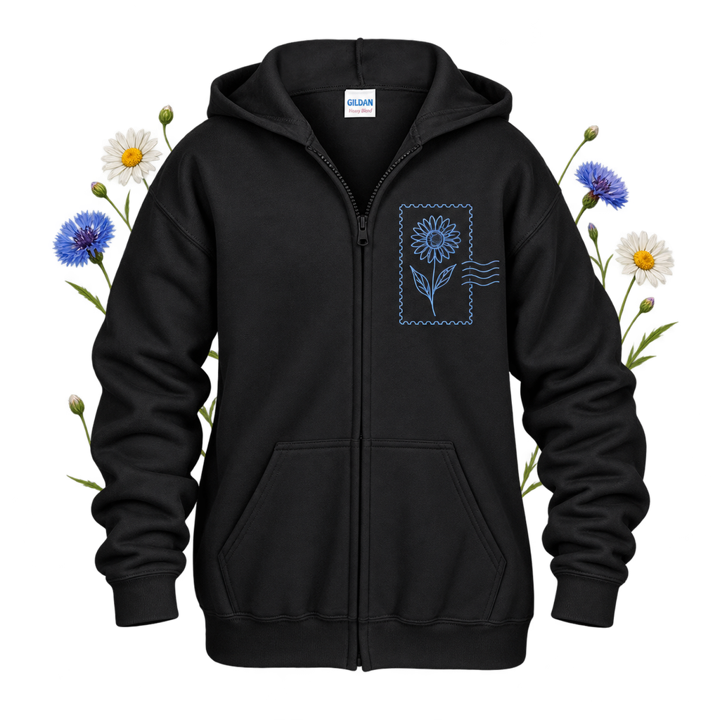 Gildan 18600B with long sleeves and a hood, showing its hoodie format