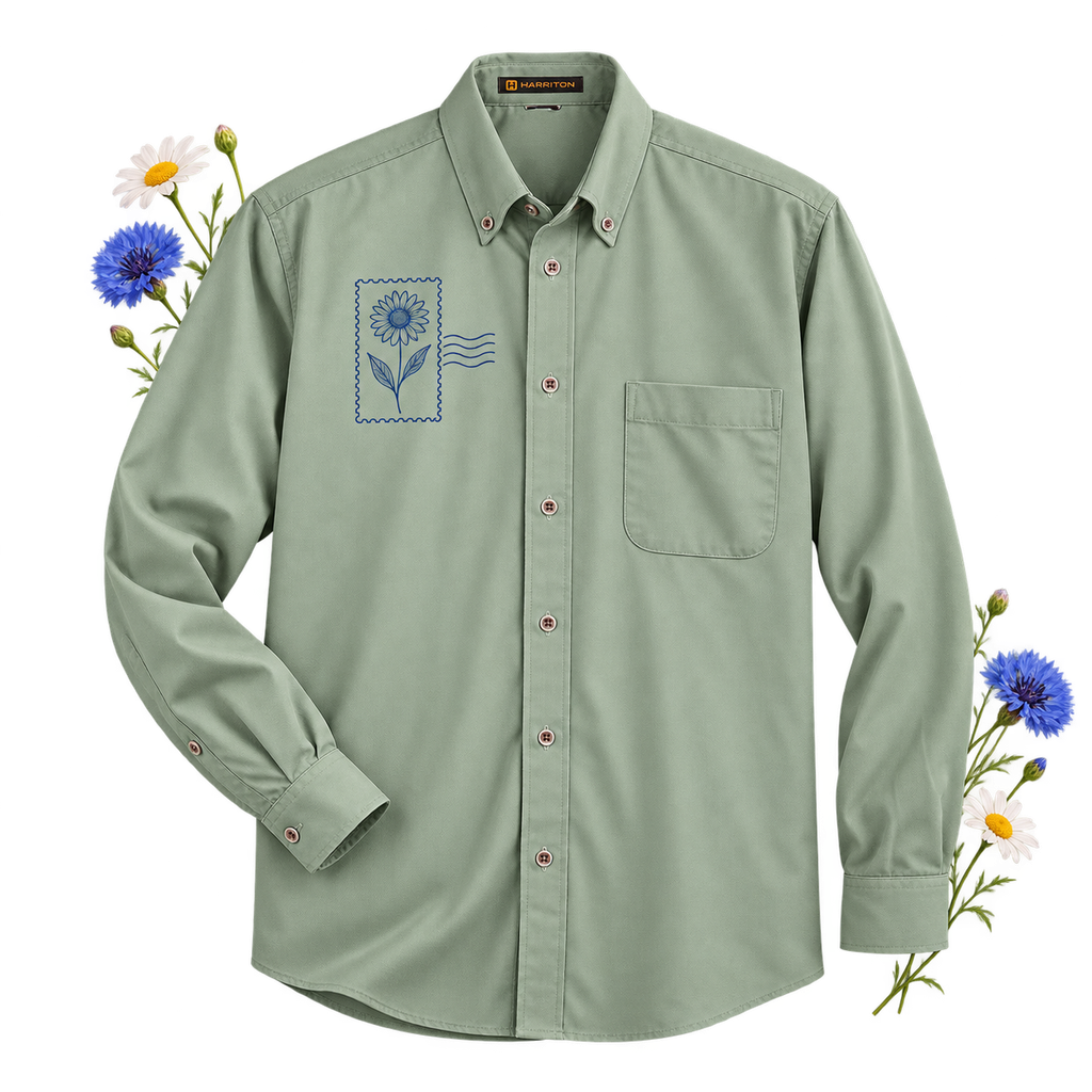 Harriton M500 men's long-sleeve twill shirt — cotton-polyester twill with a button-down collar and left chest pocket