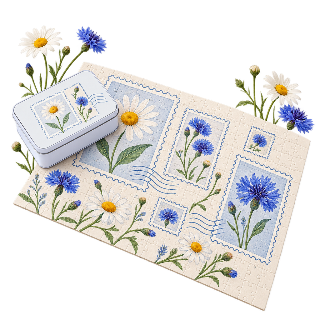 Jigsaw Puzzle, a picture divided into interlocking puzzle pieces