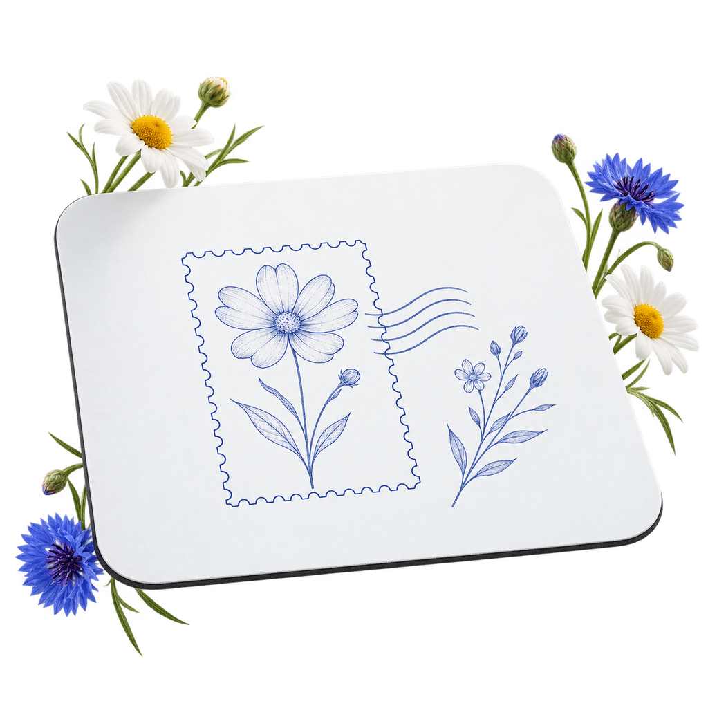 Custom mouse pad with artwork positioned within the shape of a desktop accessory