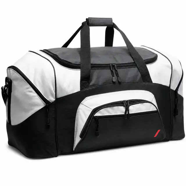 Port Authority BG99 Colorblock Sport Duffel — 600-denier polyester canvas, 4,690 cubic inches, zipper closure
