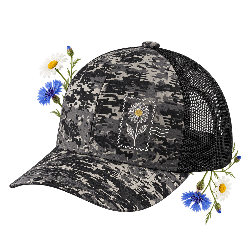 Port Authority C404 Digi Camo Snapback Trucker Cap — structured mid-profile crown and mesh back panels