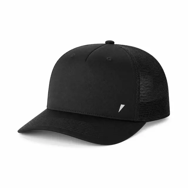 Port Authority C405 Snapback 5-Panel Trucker Cap — cotton twill and polyester mesh, structured, mid profile, curved brim