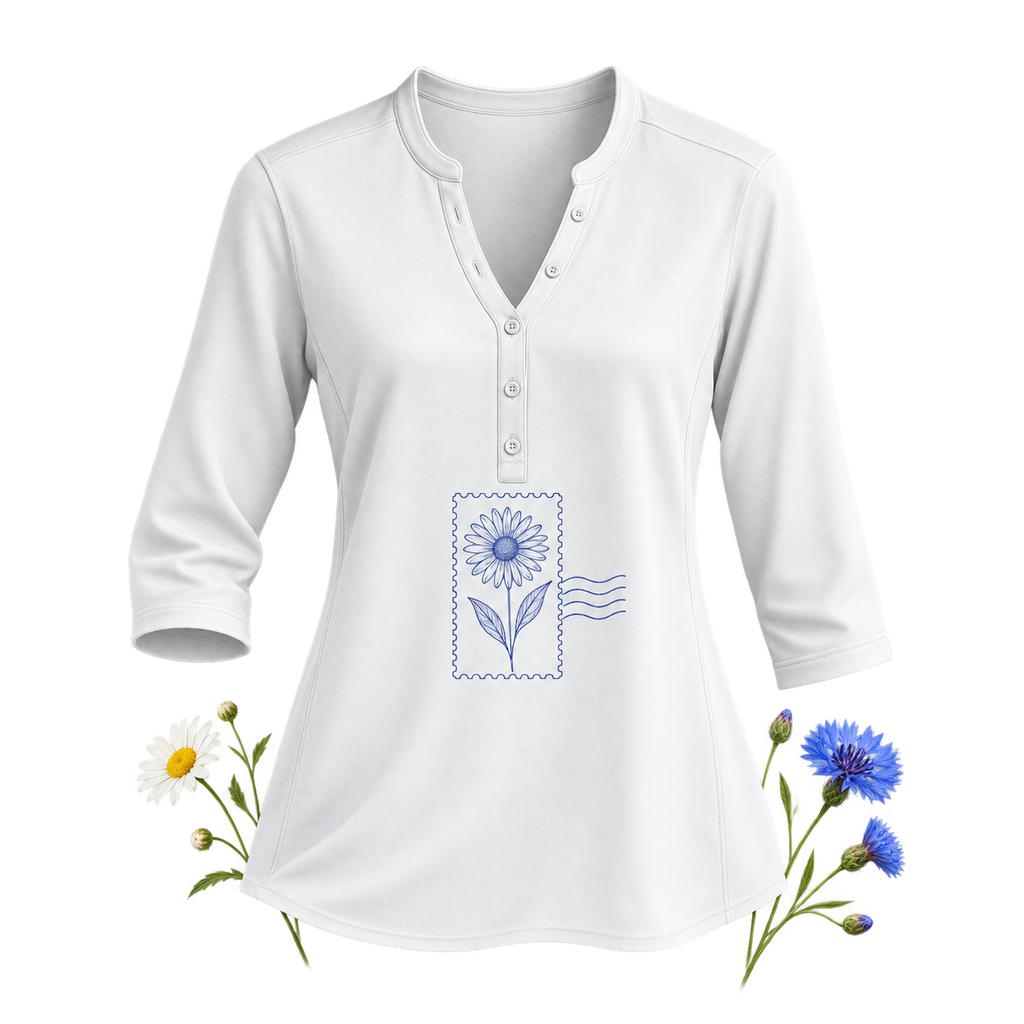 Port Authority LK750 Women's UV Choice Pique Henley with an open neckline and five-button front opening