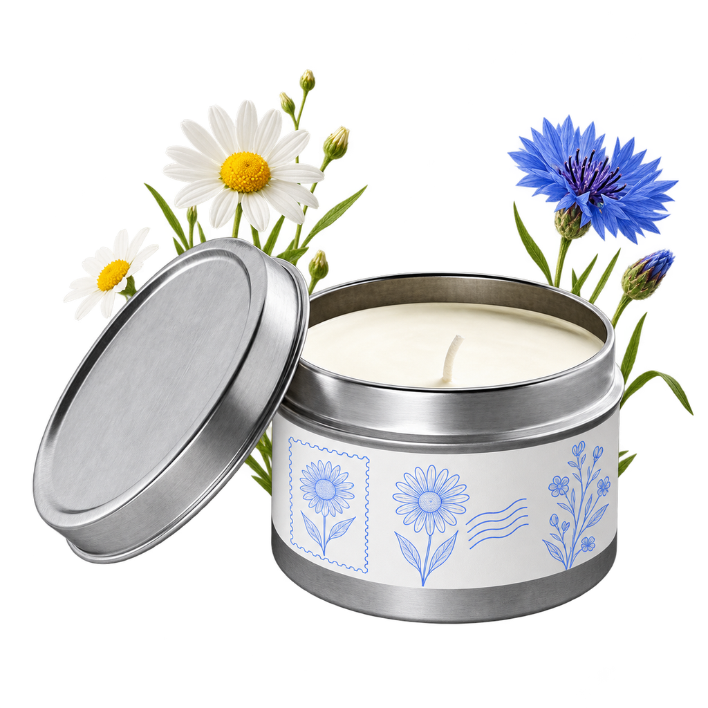 Printed Mint Tin Candle 8oz, a candle presented in a decorative container
