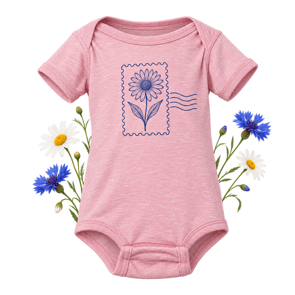 Rabbit Skins 4491 infant short-sleeve bodysuit — Harborside Melange jersey, lap-shoulder neckline and three-snap closure