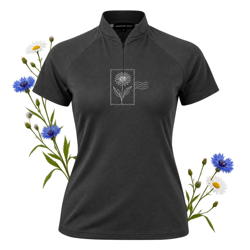 Swannies Golf SW200L Women's Quinn Polo — heathered polyester-spandex fabric, mock neck and hidden zipper