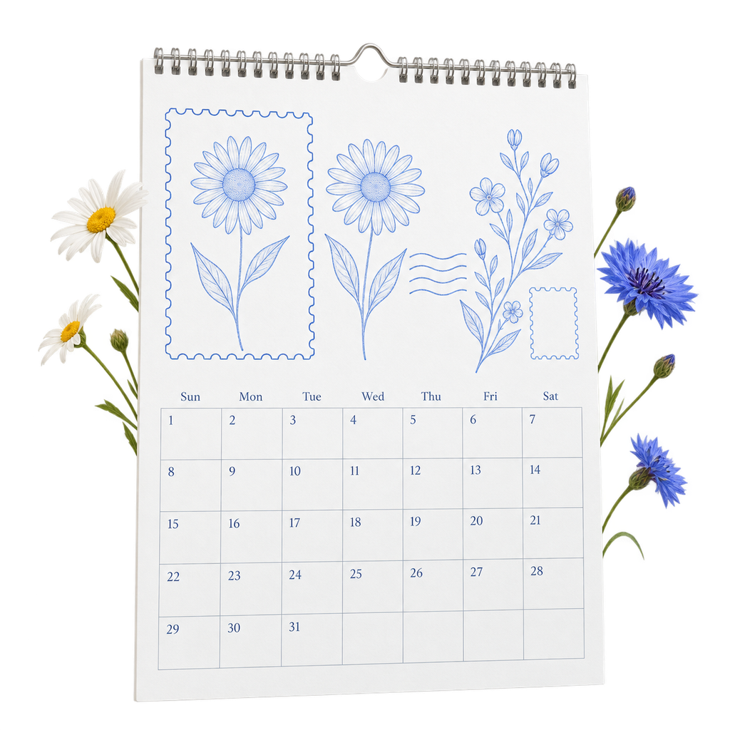 Paper wall calendar with space for a series of images and a readable date layout