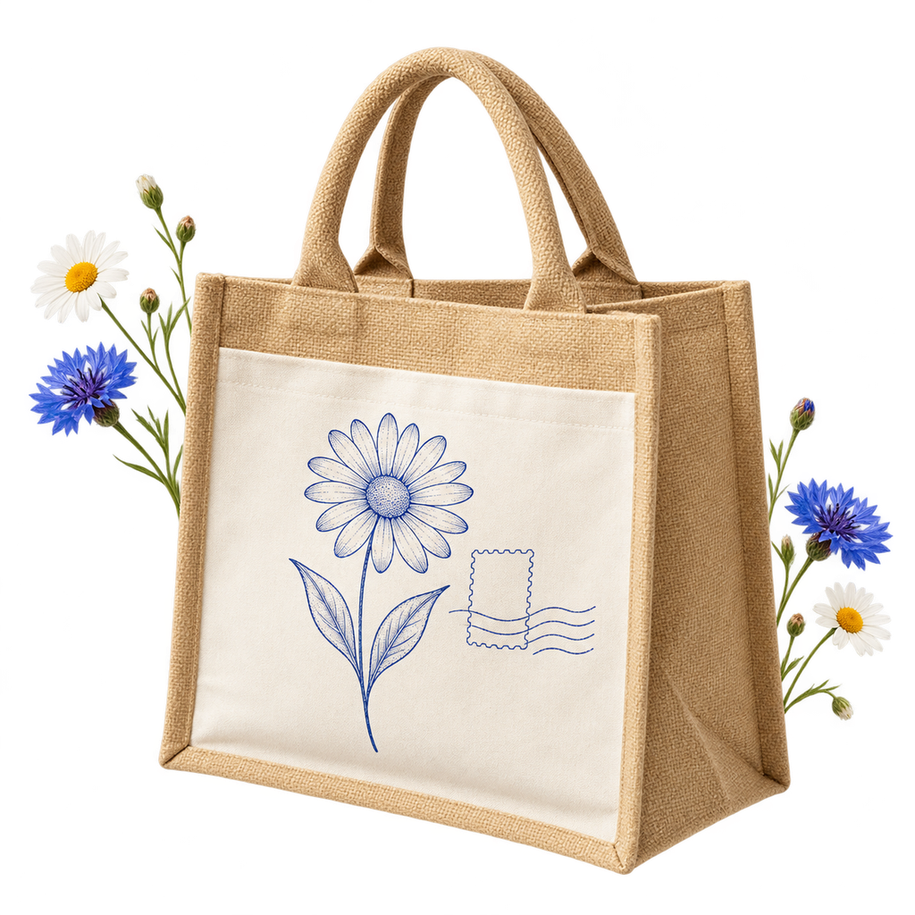Westford Mill W426 Cotton Pocket Jute Midi Tote — laminated jute with a cotton canvas front pocket